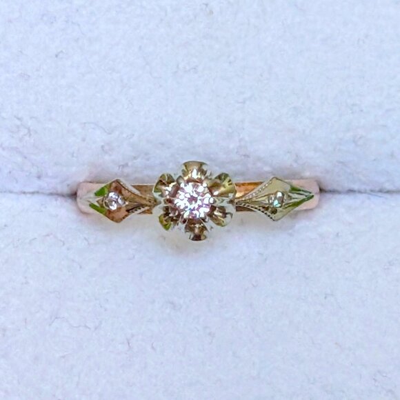 Vintage Russian USSR Solid 14K 585 Rose Pink White Gold Diamond Buttercup Ring - Picture 12 of 16